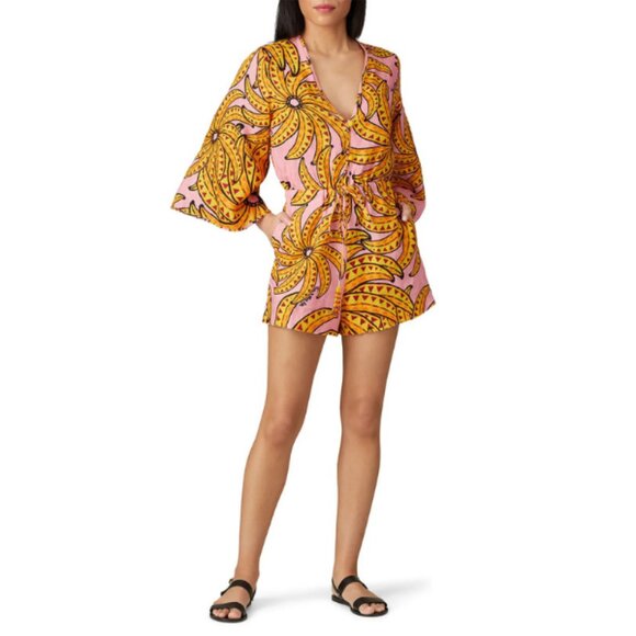 FARM RIO Pink Yellow Floral Banana Linen Romper | Tropical Vacation | Small * - Picture 1 of 11